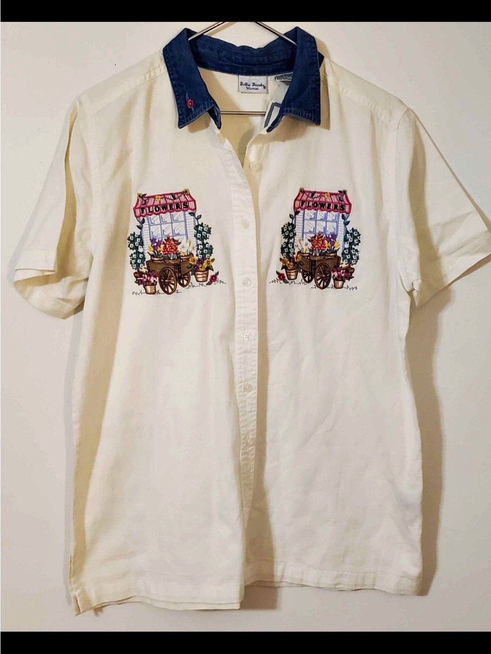 Bobbie Brooks Vintage Embroidered Floral Short Sleeve Button Up 14W / 16W NOS!